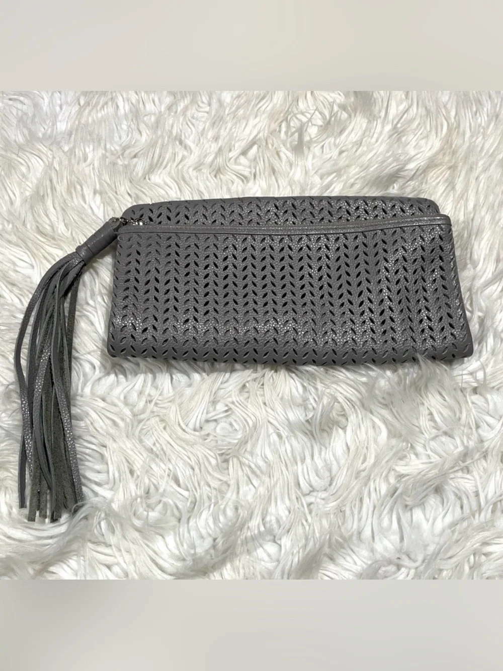 B-Low the Belt Genuine Leather Gray Perforated Fold Over Leather Clutch Tassel